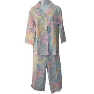 Lauren Ralph Lauren 2 Piece Pajama Set Pastel Paisley Capri 3/4 Sleeve Sz M NEW